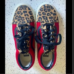 Vans customs red and black leopard print shoes.